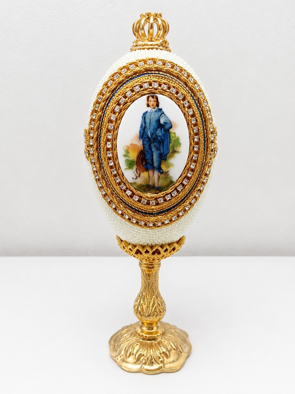 Vintage Fabergé Style Jeweled Egg Trinket Box on Stand 6" Tall White Beaded Blue - Picture 2 of 5